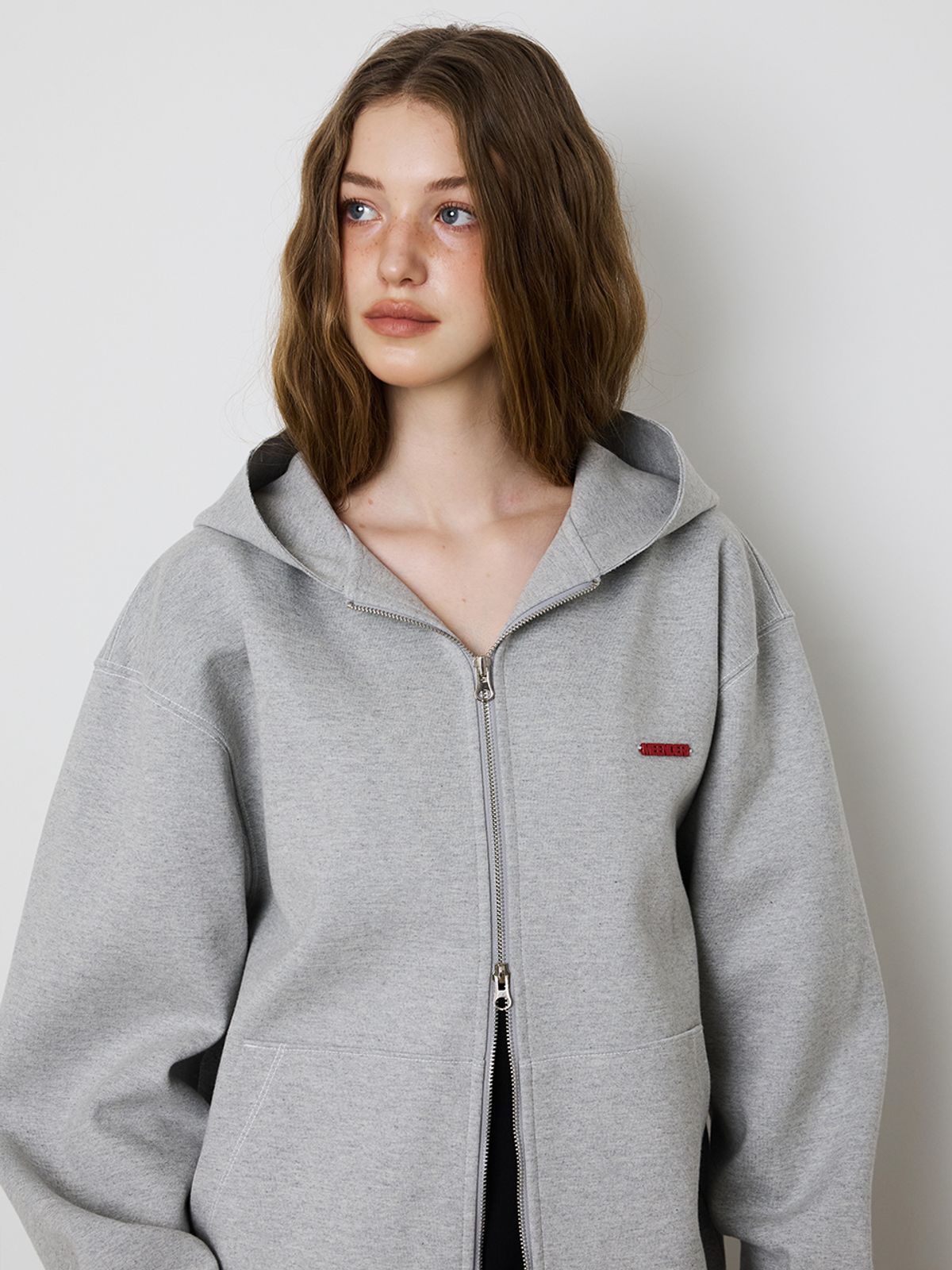 민더리(MEENDERI) [UNISEX] STITCH POCKET ZIP UP HOODIE - GREY