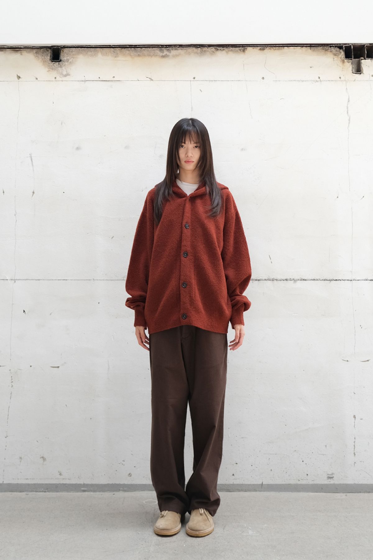 홀리선(HORLISUN) Acorn Boucle Hood Knit Cardigan Melange Brick