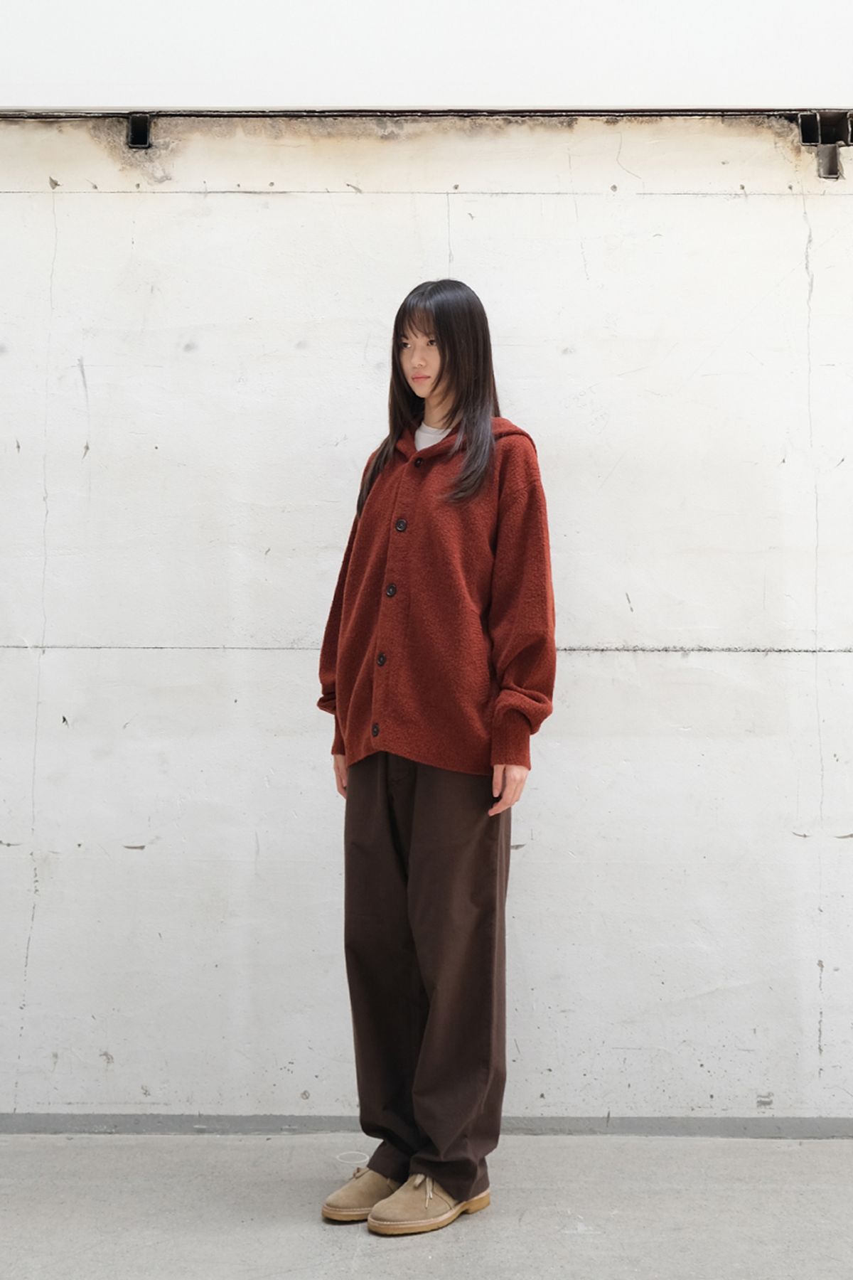 홀리선(HORLISUN) Acorn Boucle Hood Knit Cardigan Melange Brick