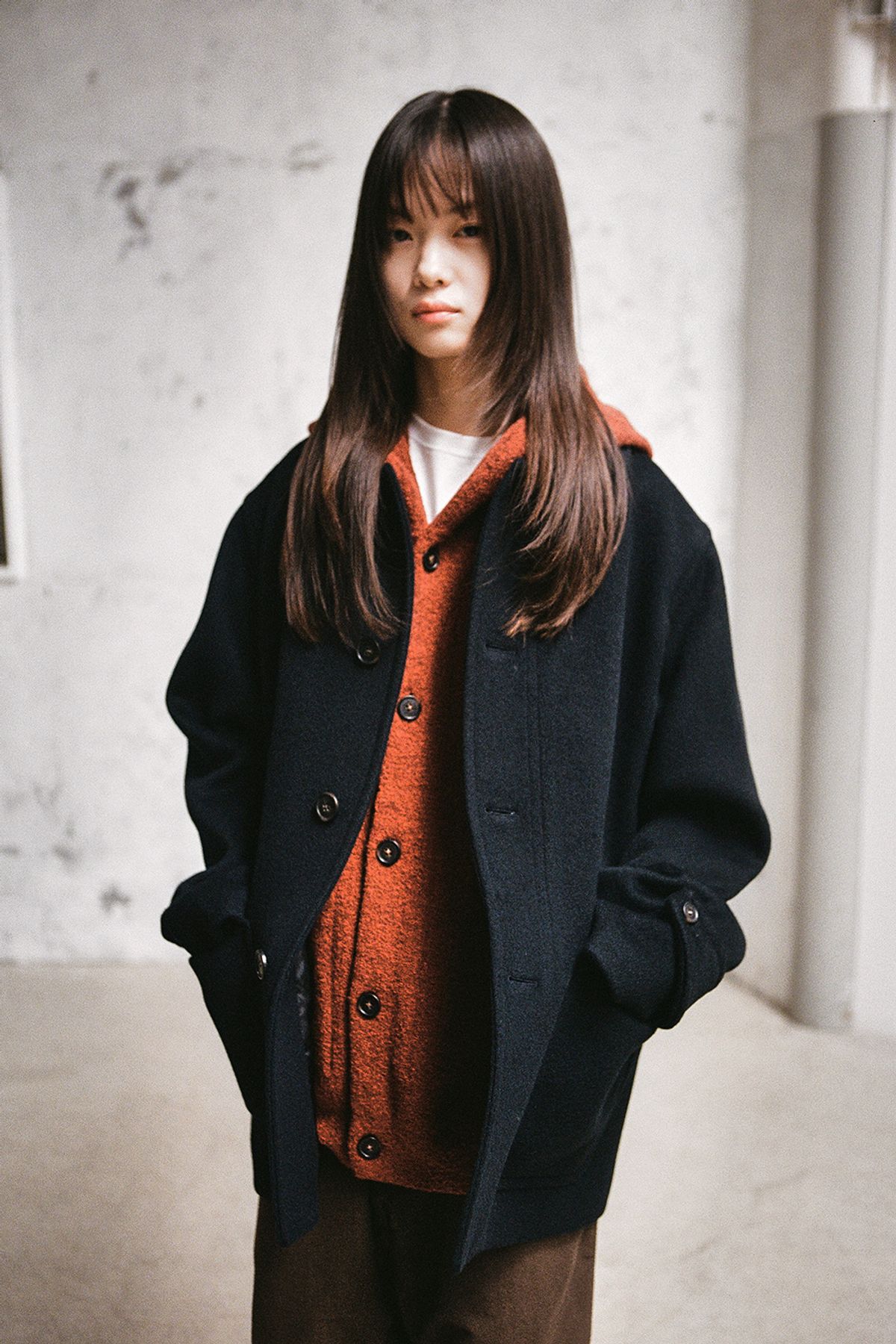 홀리선(HORLISUN) Acorn Boucle Hood Knit Cardigan Melange Brick