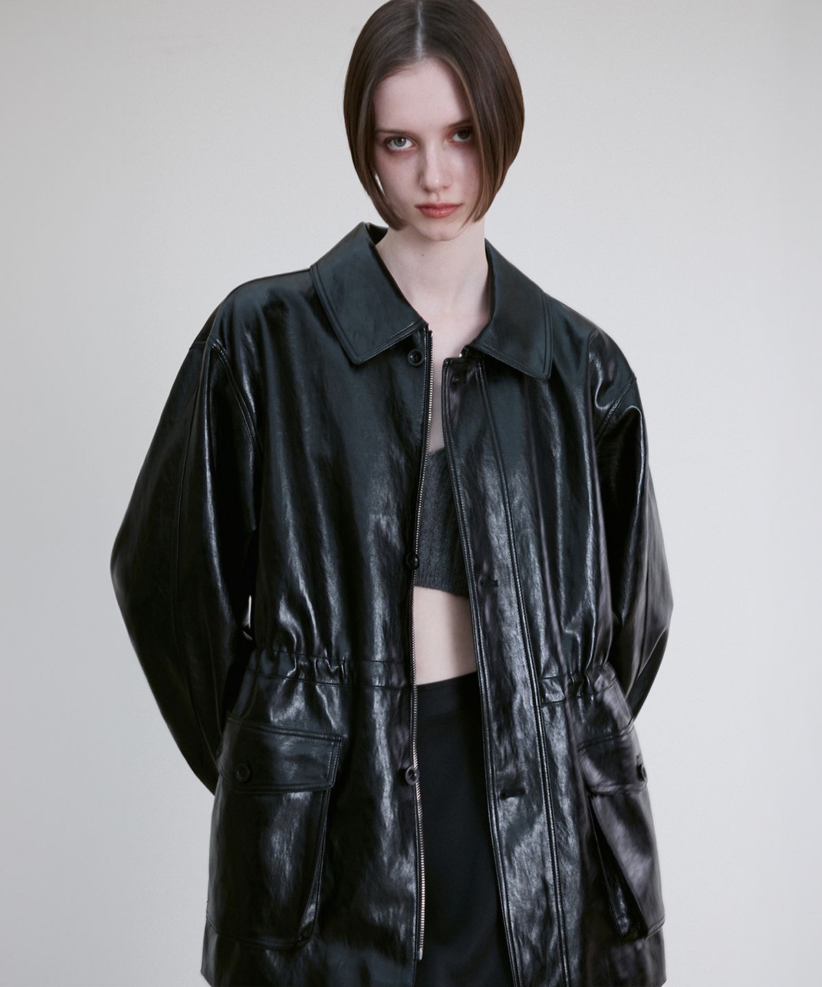 리이(RE RHEE) DRAWSTRING WAIST VEGAN LEATHER JACKET