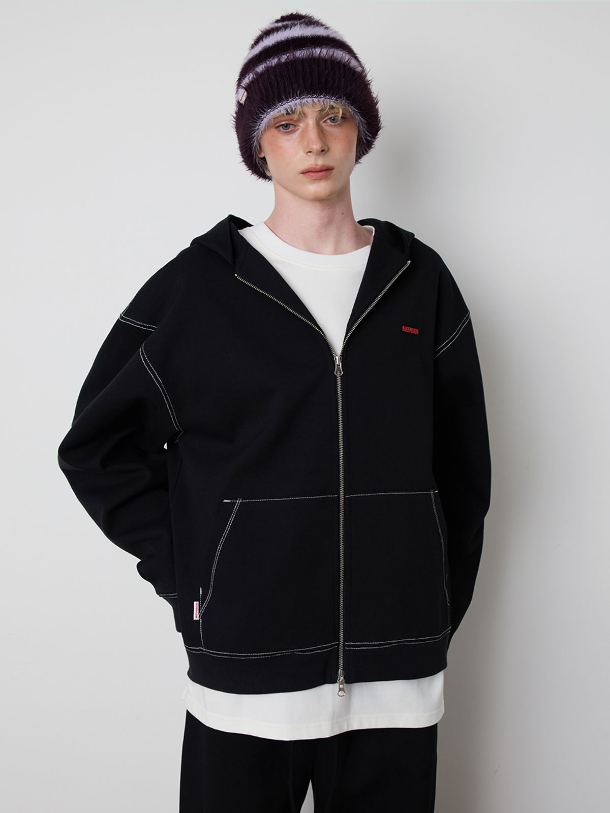 민더리(MEENDERI) [UNISEX] MIXED STRIPE KNIT BEANIE - LAVENDER PLUM
