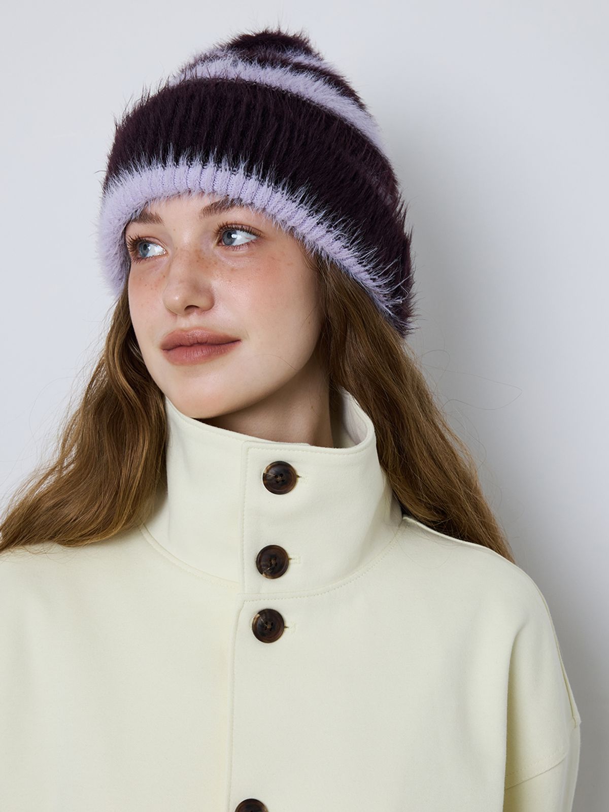 민더리(MEENDERI) [UNISEX] MIXED STRIPE KNIT BEANIE - LAVENDER PLUM