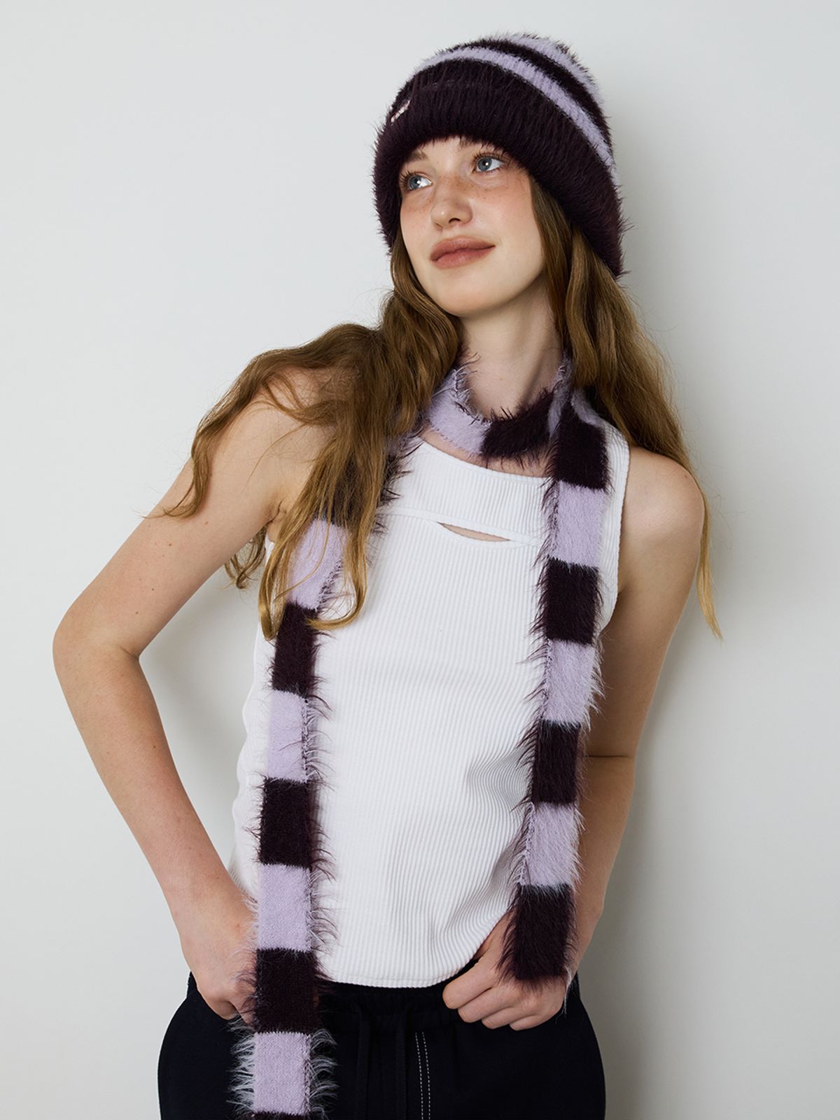 민더리(MEENDERI) MIXED STRIPE KNIT MUFFLER - LAVENDER PLUM