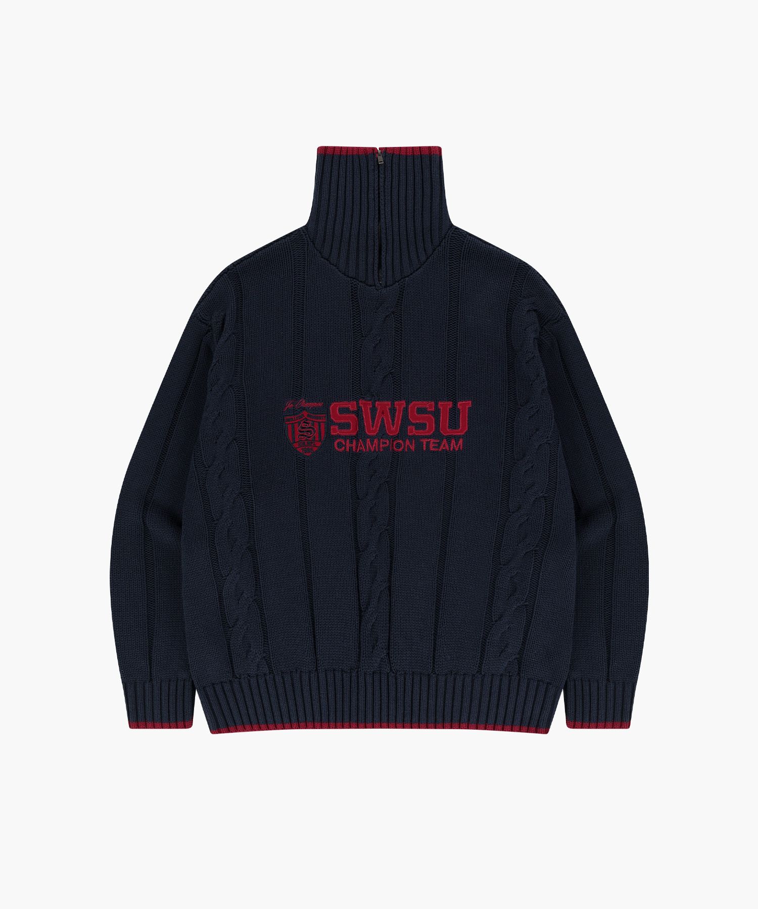 MUSINSA | HDEX Women's Emblem Cable Knit Half Zip-Up (Navy)