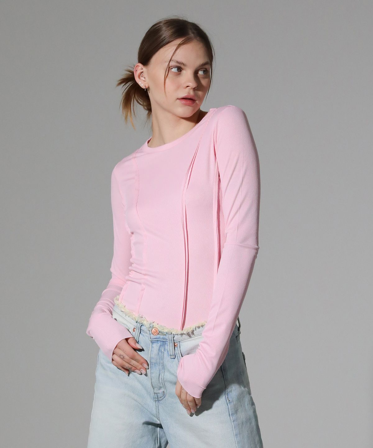 림닉(REEMNIK) 데끼컷 스티치 골지 긴팔 티셔츠 [Pink]