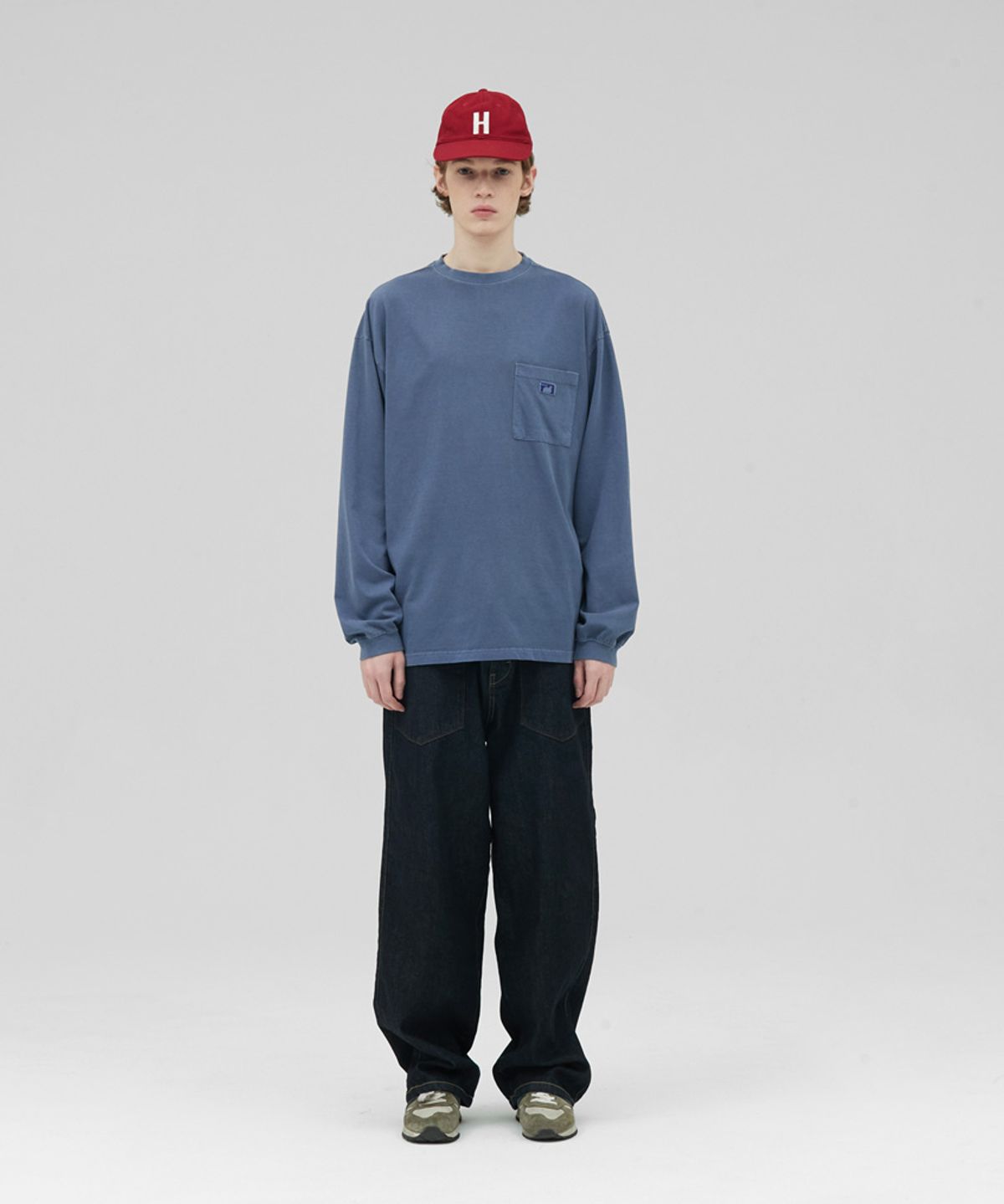 스탠즈(STENDS) [M~4XL] 피그먼트 롱 슬리브 포켓  티셔츠_네이비