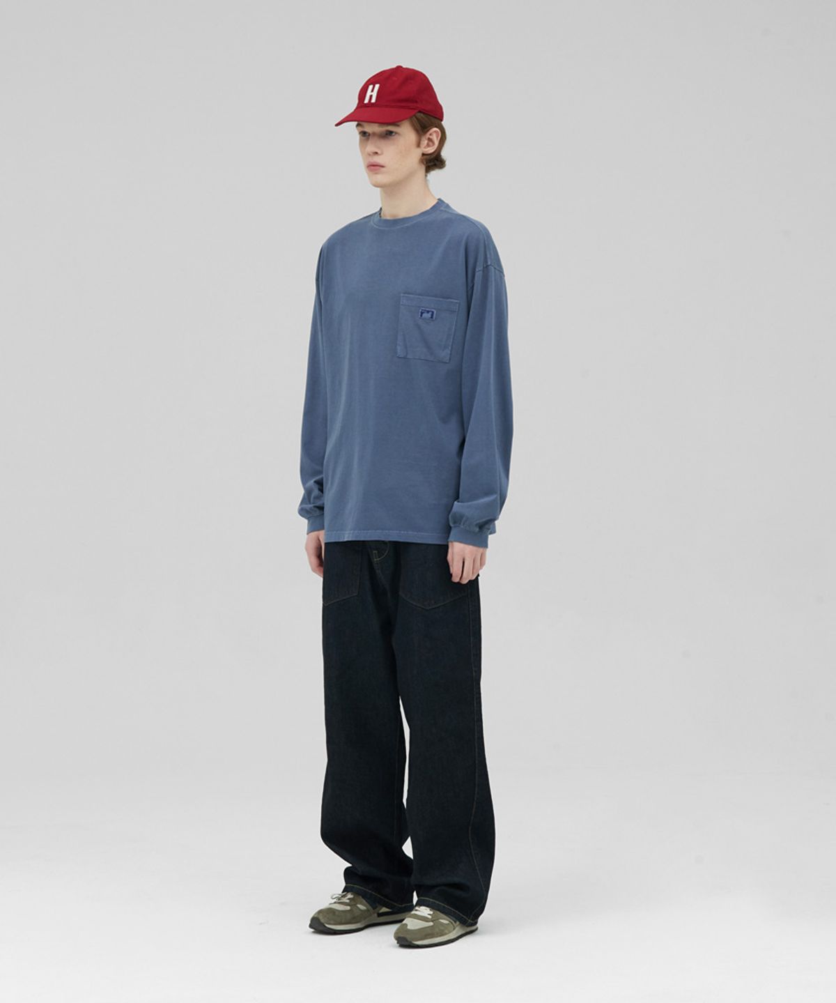 스탠즈(STENDS) [M~4XL] 피그먼트 롱 슬리브 포켓  티셔츠_네이비