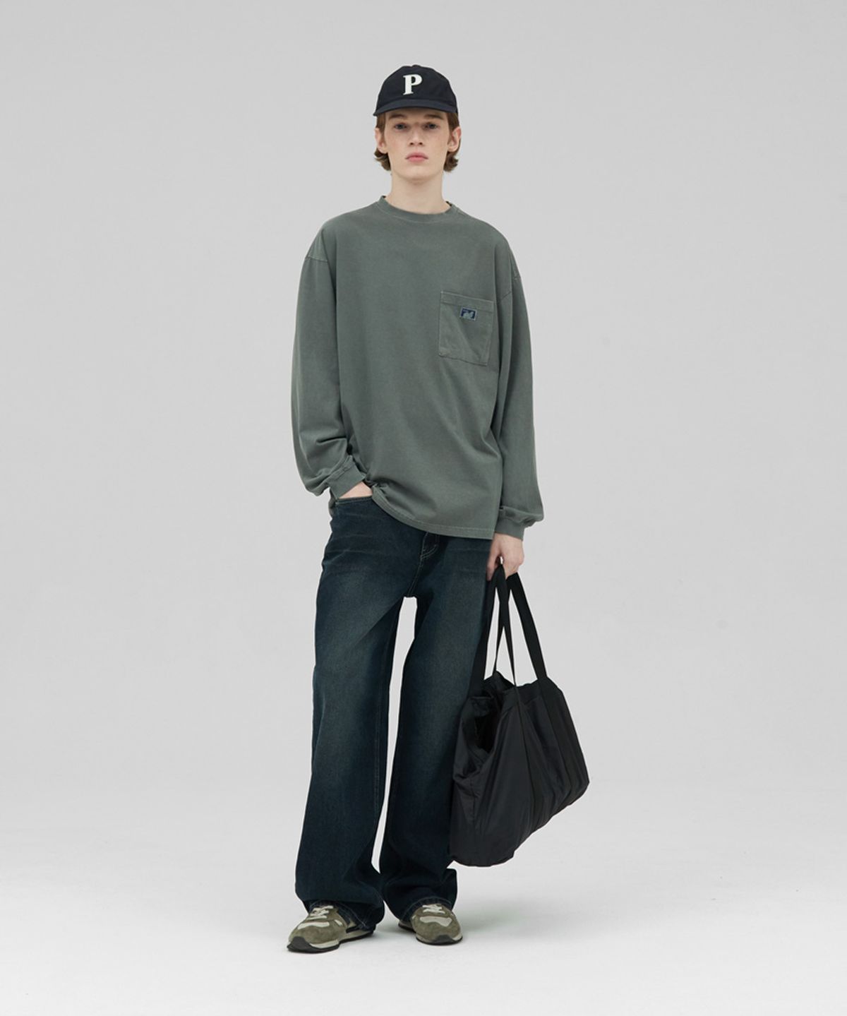 스탠즈(STENDS) [M~4XL] 피그먼트 롱 슬리브 포켓  티셔츠_카키