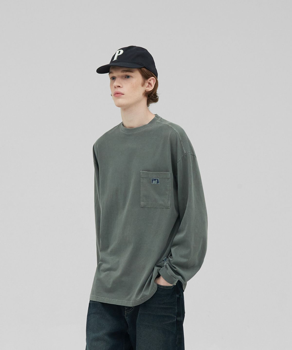 스탠즈(STENDS) [M~4XL] 피그먼트 롱 슬리브 포켓  티셔츠_카키