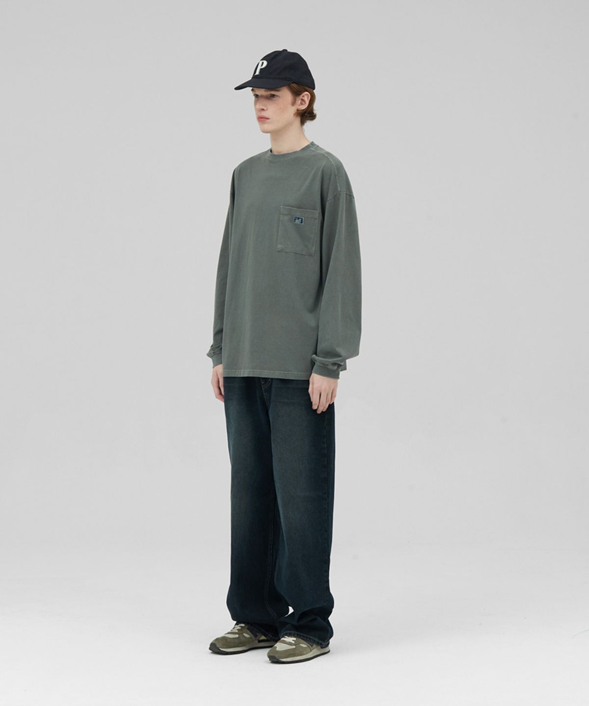 스탠즈(STENDS) [M~4XL] 피그먼트 롱 슬리브 포켓  티셔츠_카키