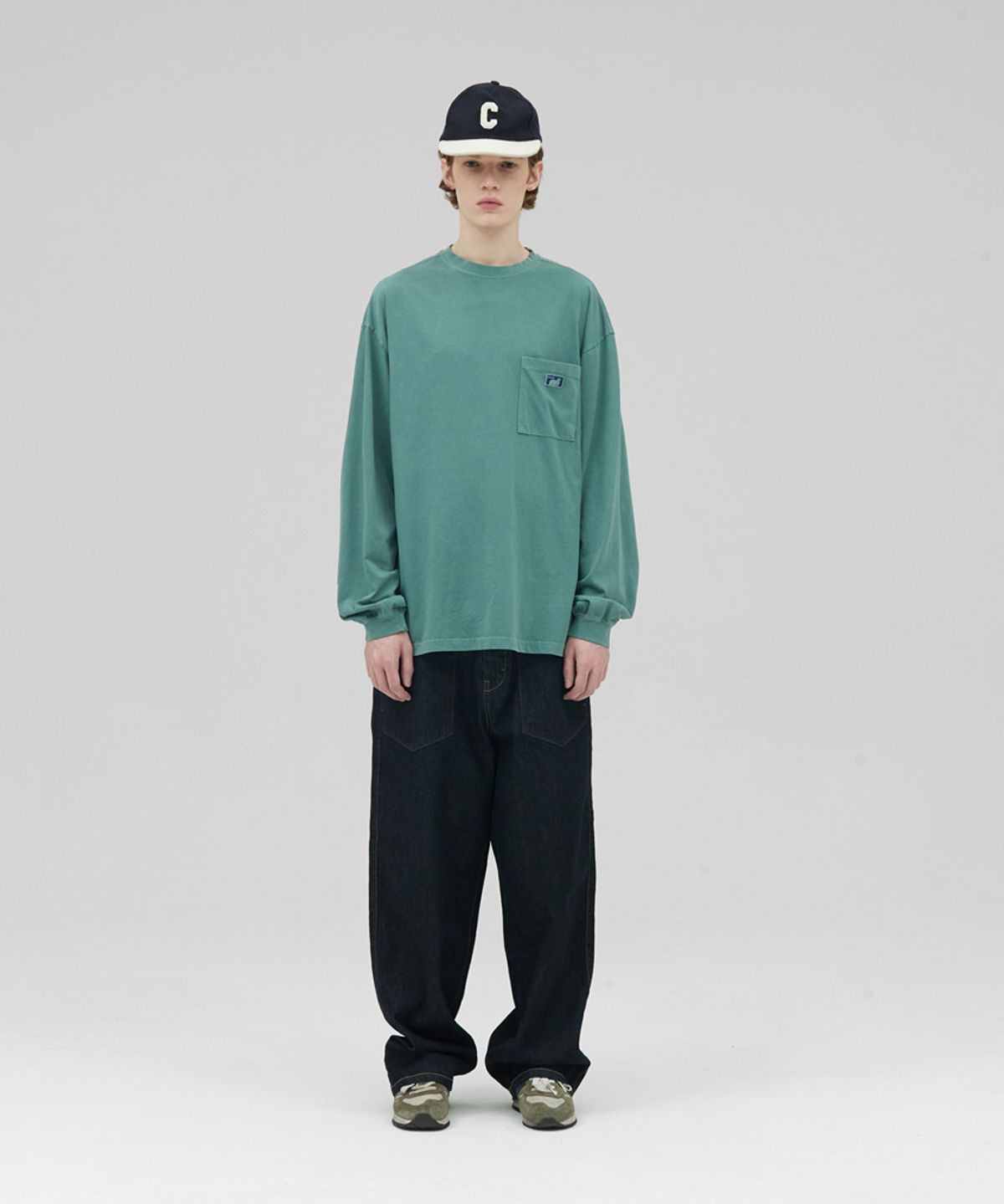 스탠즈(STENDS) [M~4XL] 피그먼트 롱 슬리브 포켓  티셔츠_그린