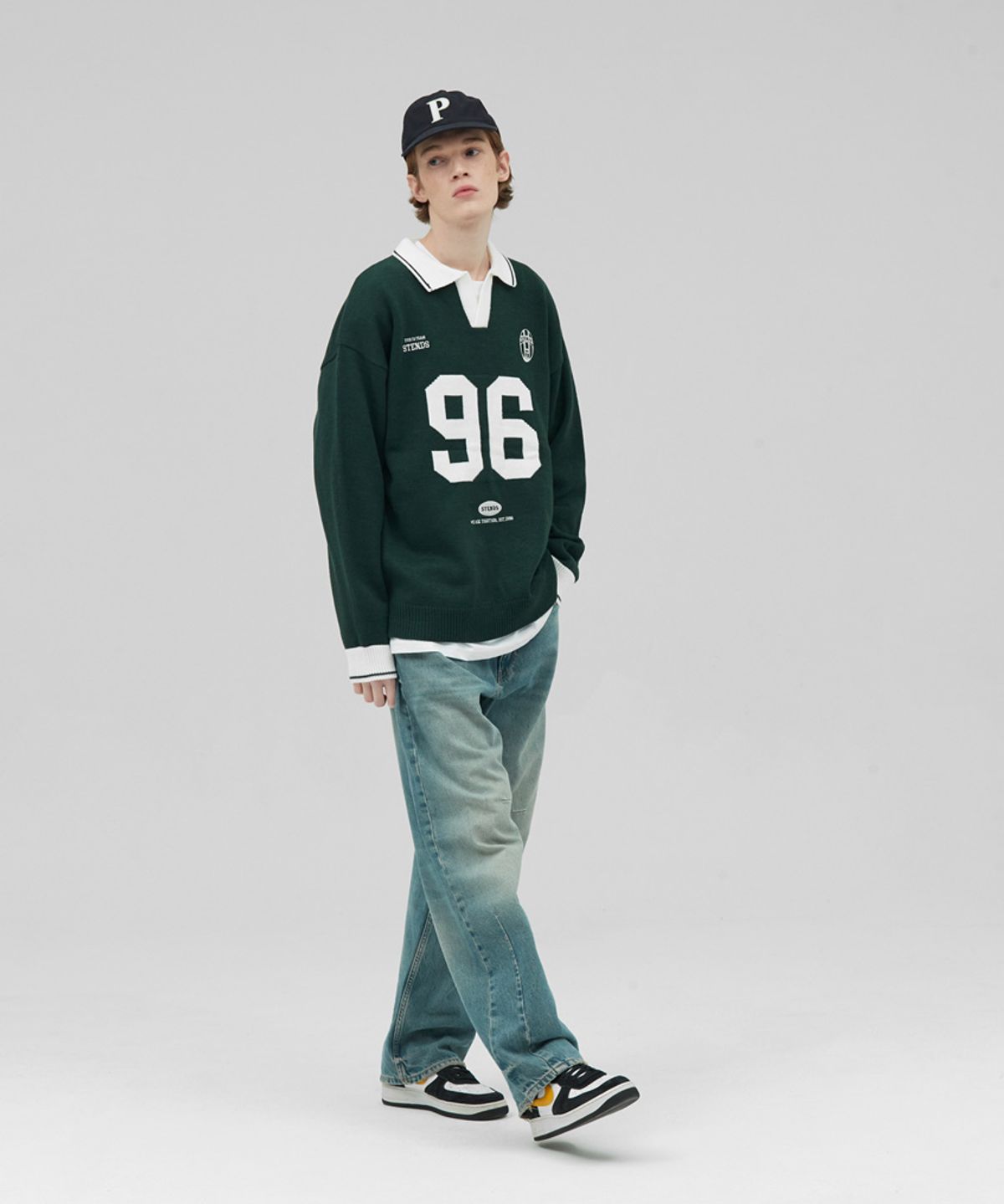 스탠즈(STENDS) [M~4XL] 풋볼 카라 배색 니트_그린