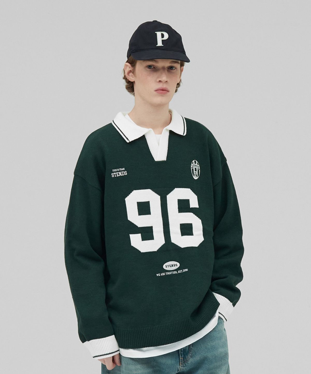 스탠즈(STENDS) [M~4XL] 풋볼 카라 배색 니트_그린