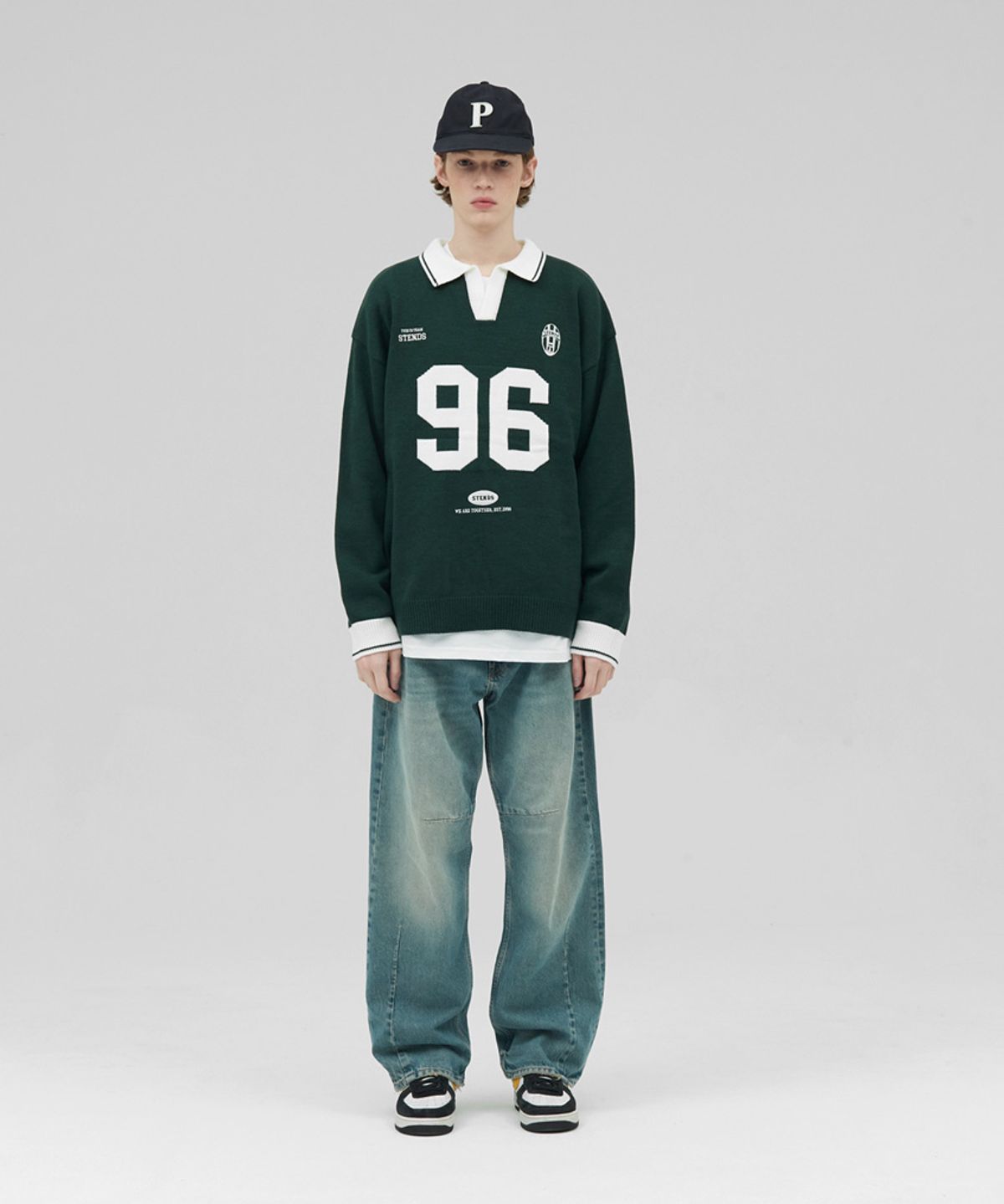 스탠즈(STENDS) [M~4XL] 풋볼 카라 배색 니트_그린