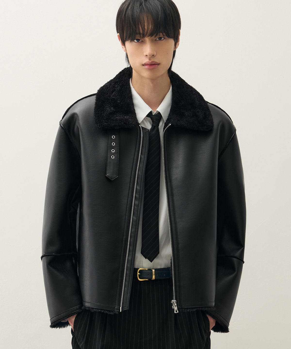 드로우핏(DRAW FIT) 오버사이즈 라인 무스탕 자켓 [BLACK]