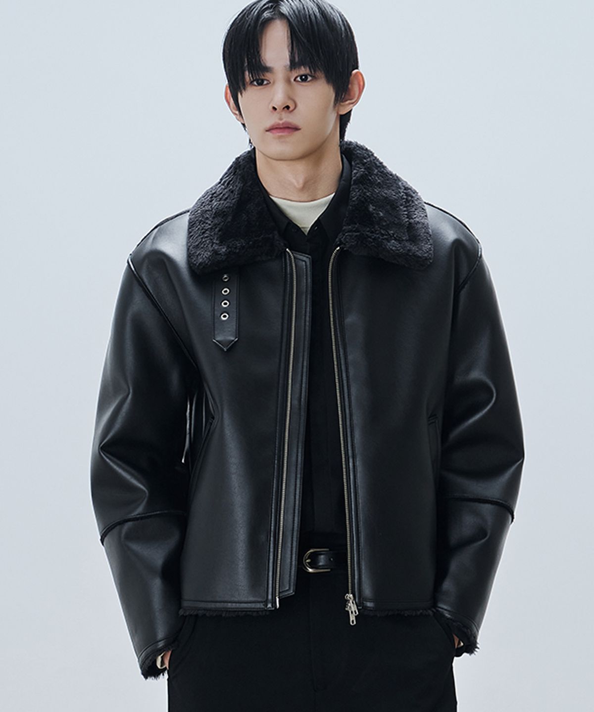 드로우핏(DRAW FIT) 오버사이즈 라인 무스탕 자켓 [BLACK]