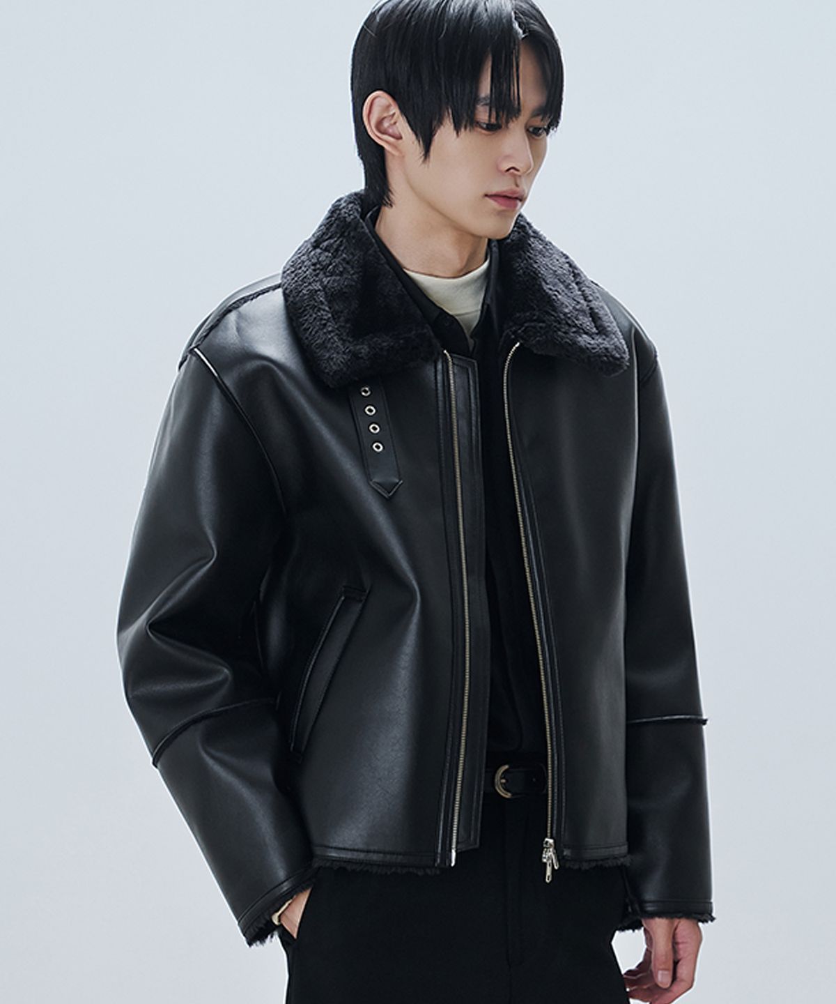 드로우핏(DRAW FIT) 오버사이즈 라인 무스탕 자켓 [BLACK]