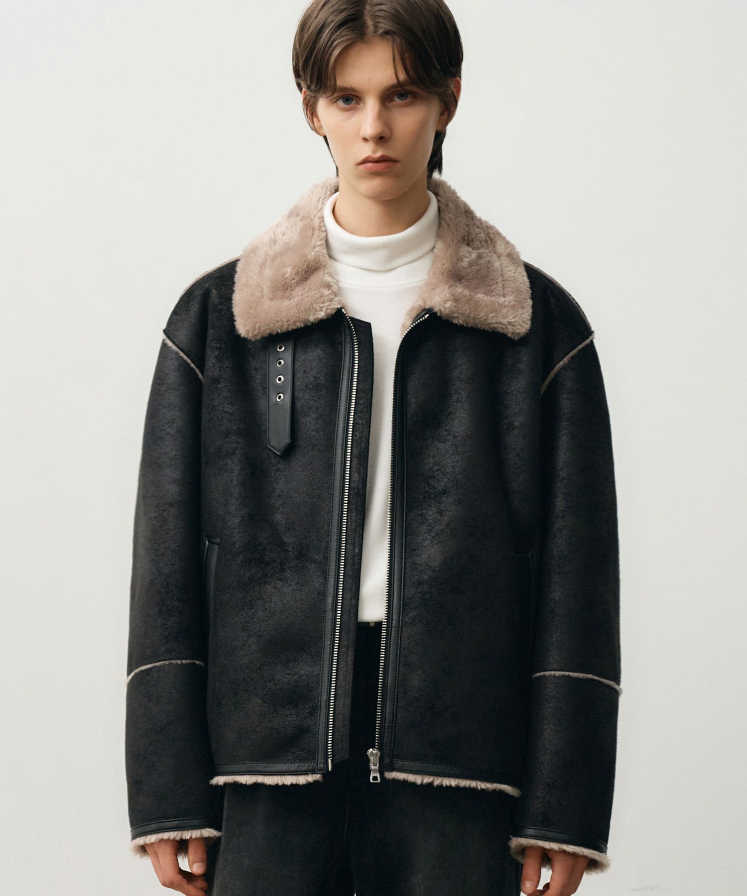 MUSINSA | DRAW FIT Oversized Suede Line Mustang Jacket [BLACK]