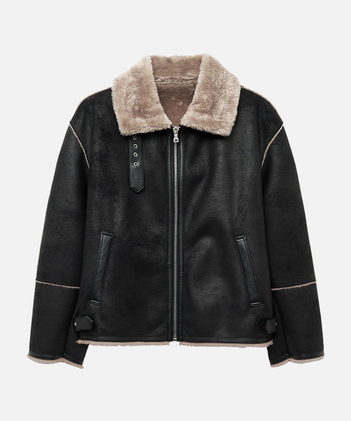 드로우핏(DRAW FIT) 오버사이즈 스웨이드 라인 무스탕 자켓 [BLACK]