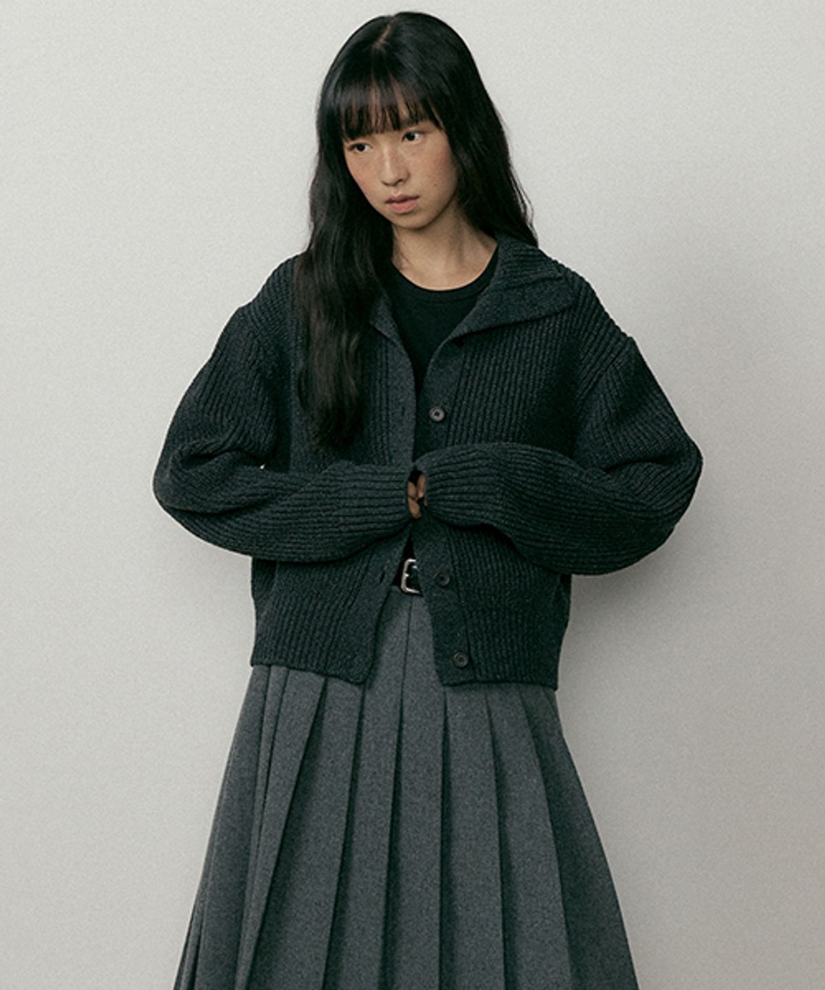 링서울(LINGSEOUL) wool high-neck knit cardigan-charcoal