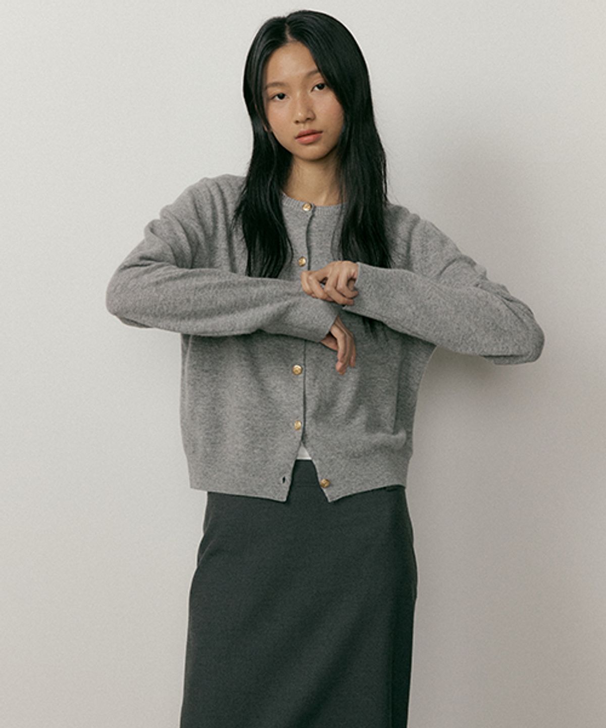 링서울(LINGSEOUL) gold button knit cardigan-gray