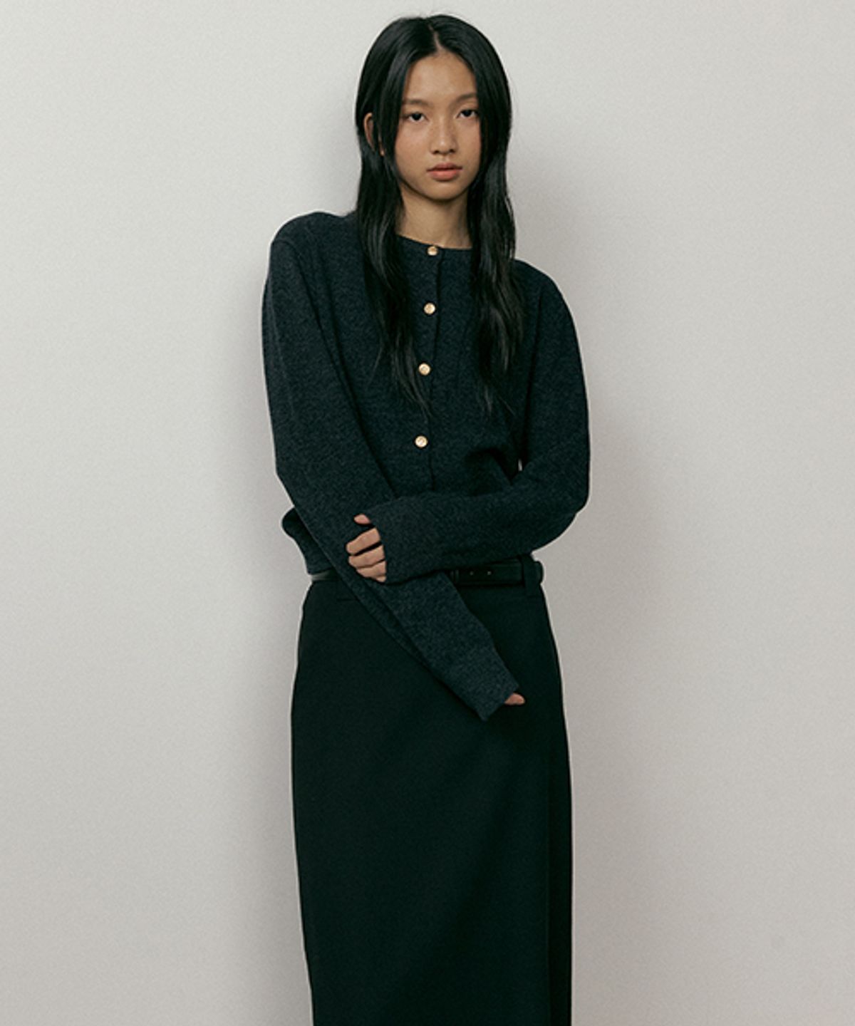링서울(LINGSEOUL) gold button knit cardigan-charcoal