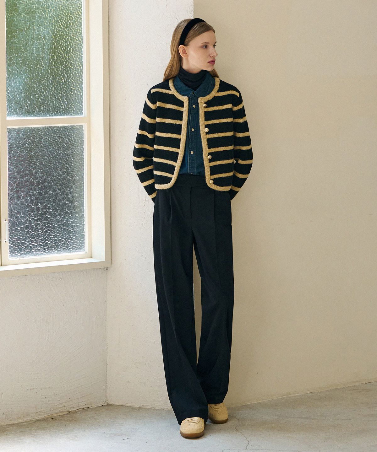 드로우핏 우먼(DRAWFIT WOMEN) 스트라이프 플러피 울 니트 자켓 [BEIGE]