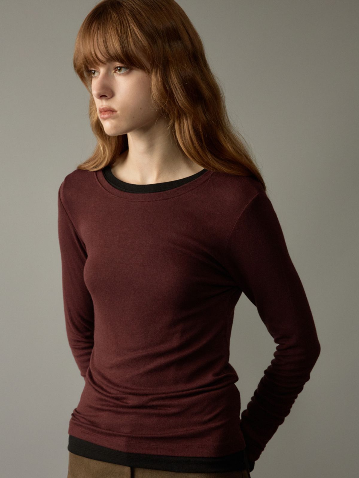 노우드(NOEUD) Wool tencel round Tee (Wine)