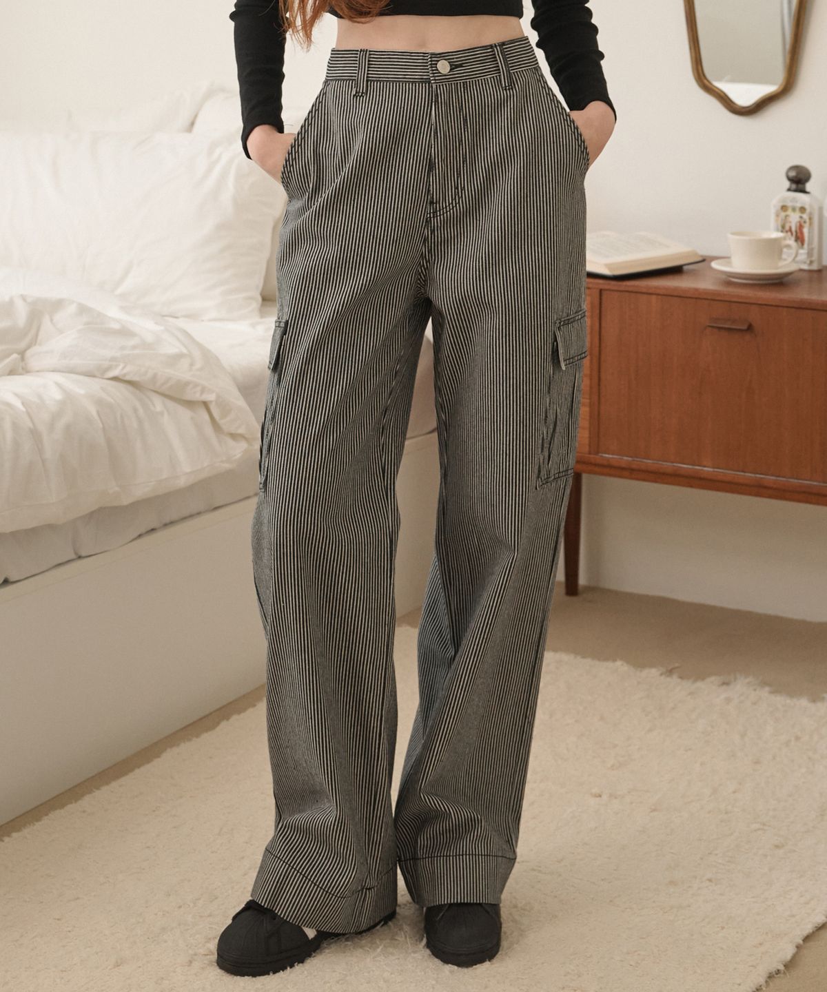 로시로우(LOSSYROW) Stripe washed cargo denim pants Black