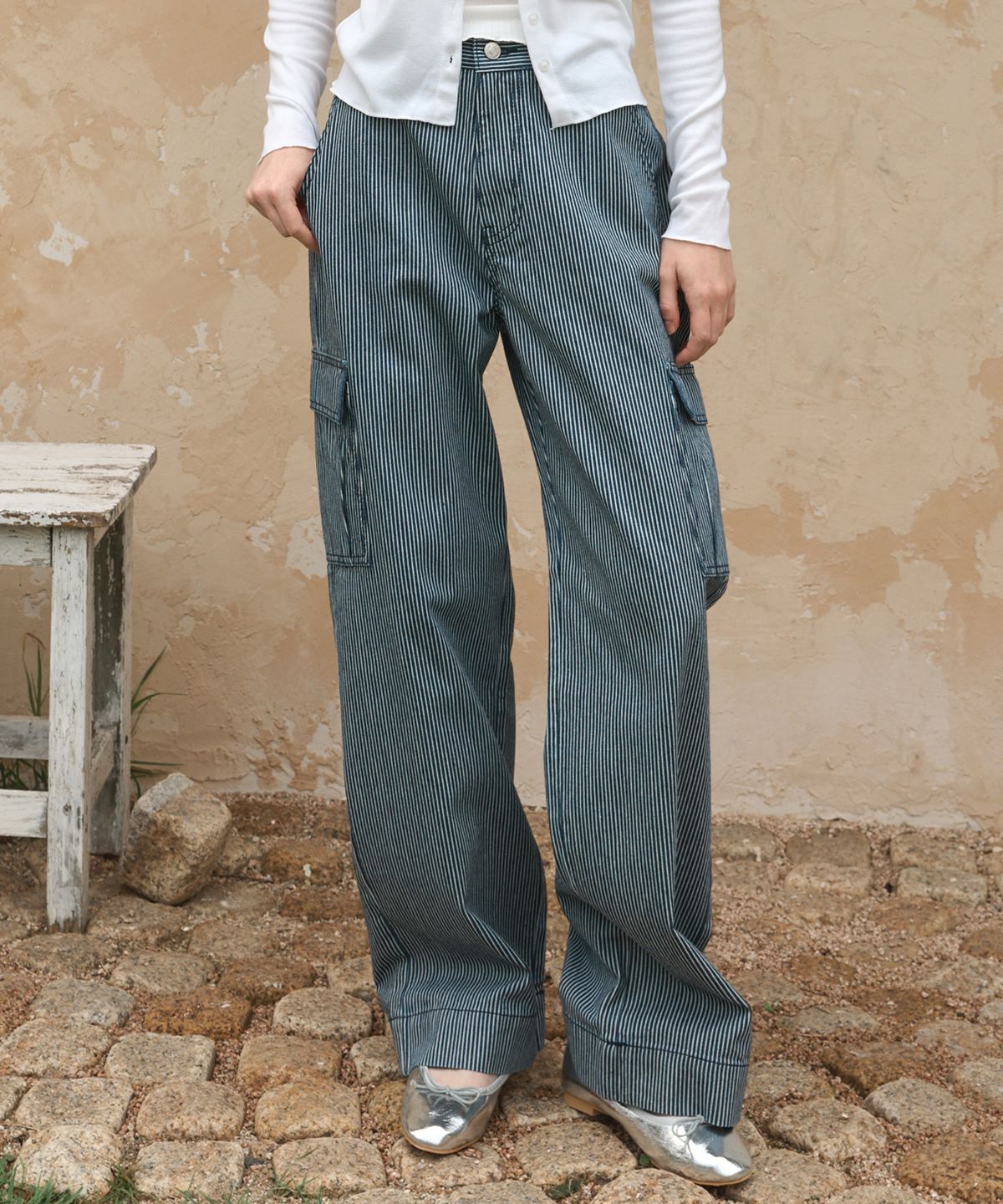로시로우(LOSSYROW) Stripe washed cargo denim pants Blue