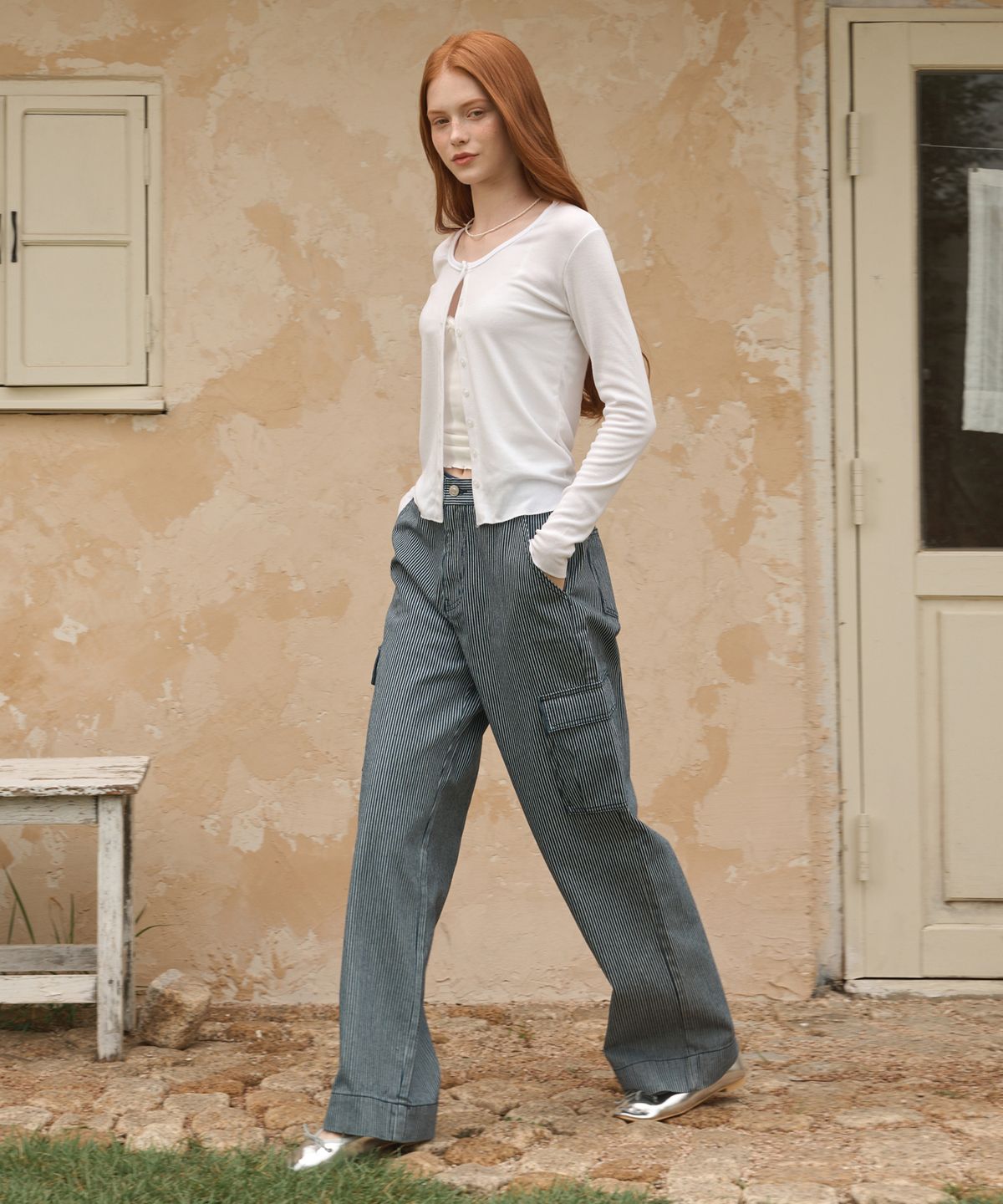 로시로우(LOSSYROW) Stripe washed cargo denim pants Blue