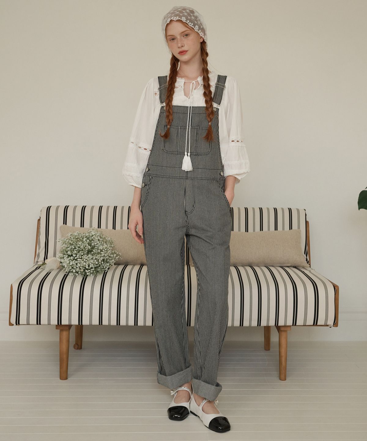 로시로우(LOSSYROW) Stripe denim overalls Black