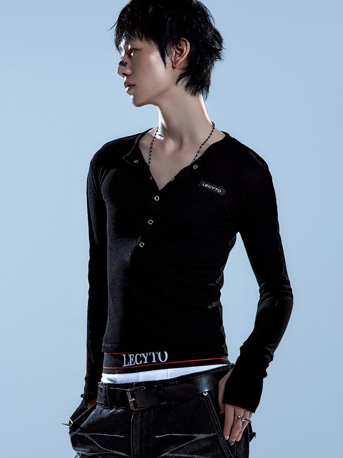 레씨토(LECYTO) Henley Neck Waffle Slim T-shirt_[Black]