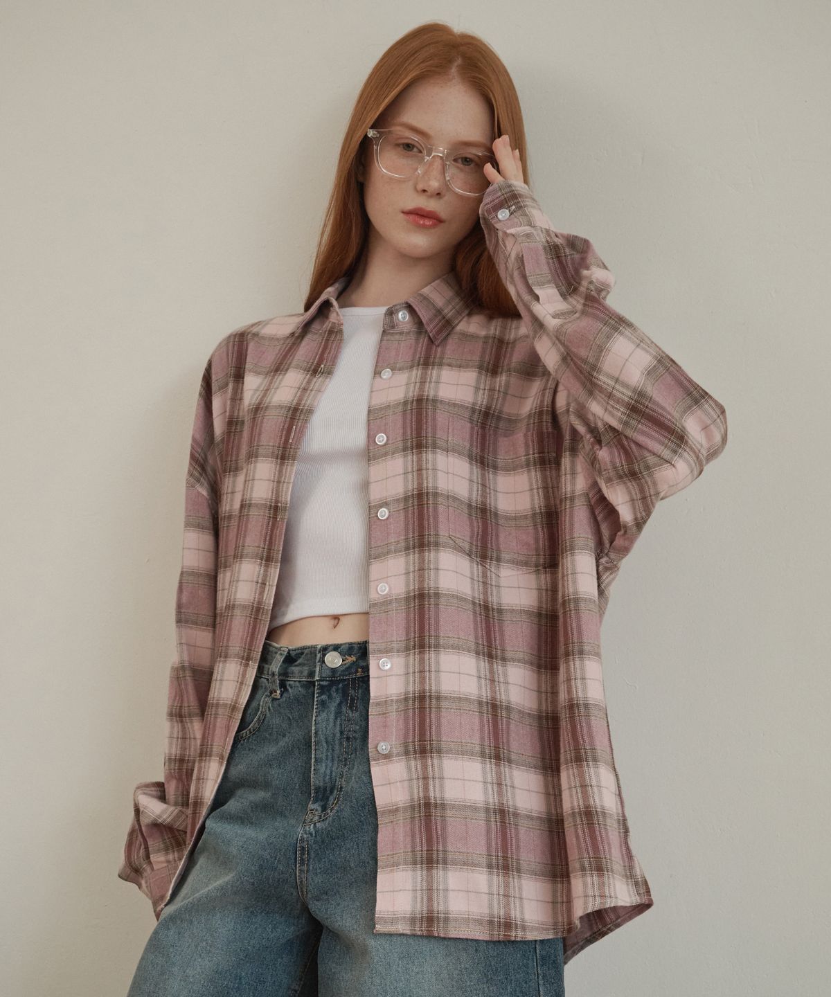 로시로우(LOSSYROW) Oversized checkered shirt Pink