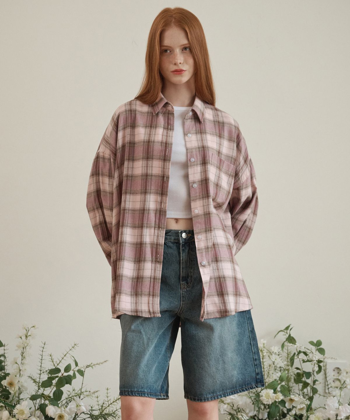 로시로우(LOSSYROW) Oversized checkered shirt Pink