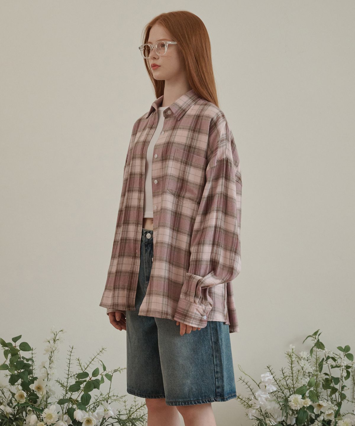 로시로우(LOSSYROW) Oversized checkered shirt Pink