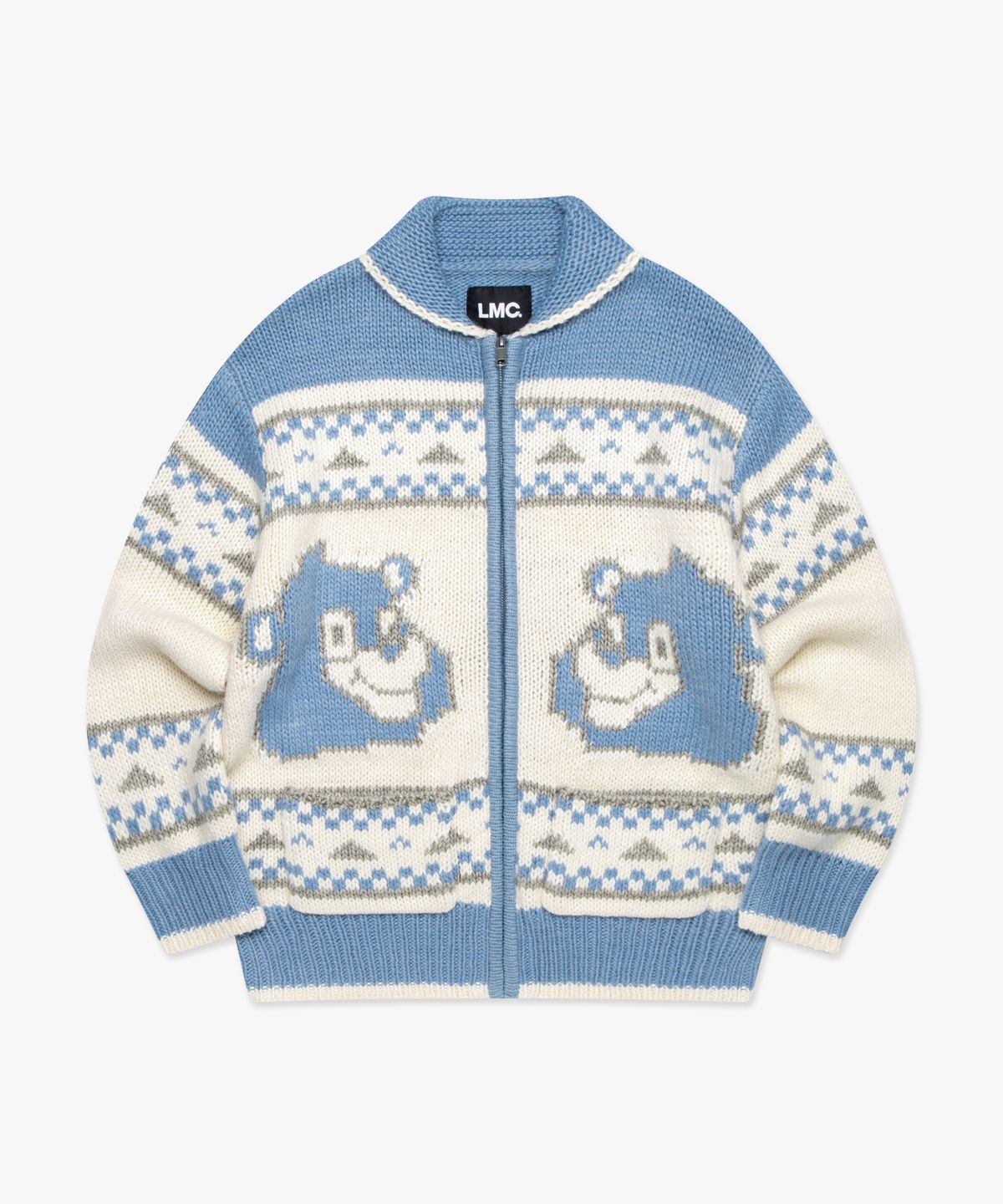 엘엠씨(LMC) BEAR ZIP-UP COWICHAN KNIT SWEATER ash blue