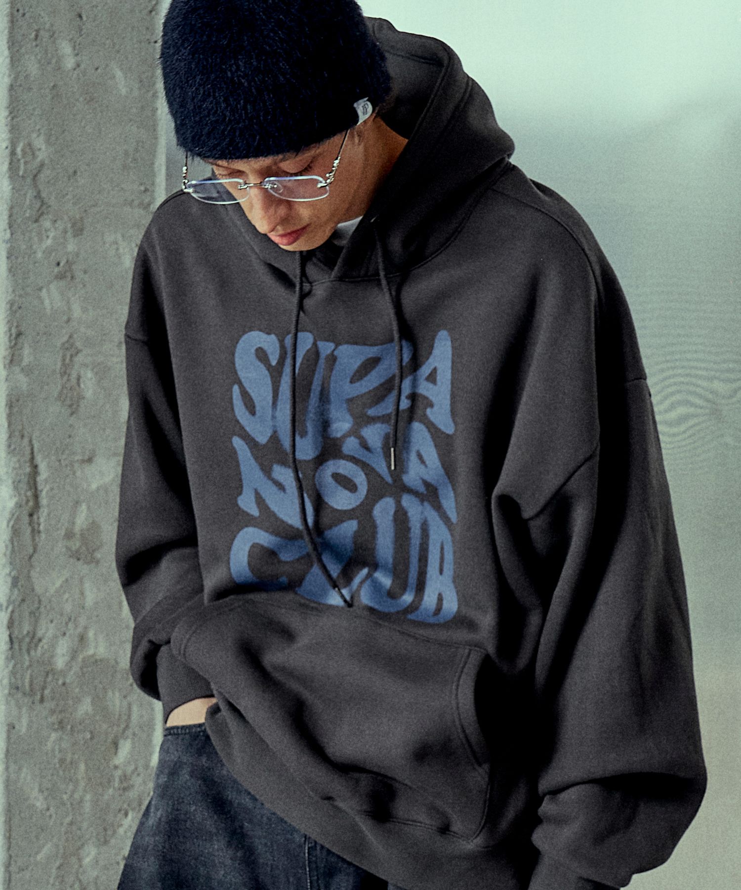 MUSINSA | NP STUDIO Supernova Logo Overfit Hooded T-Shirt Dark Grey