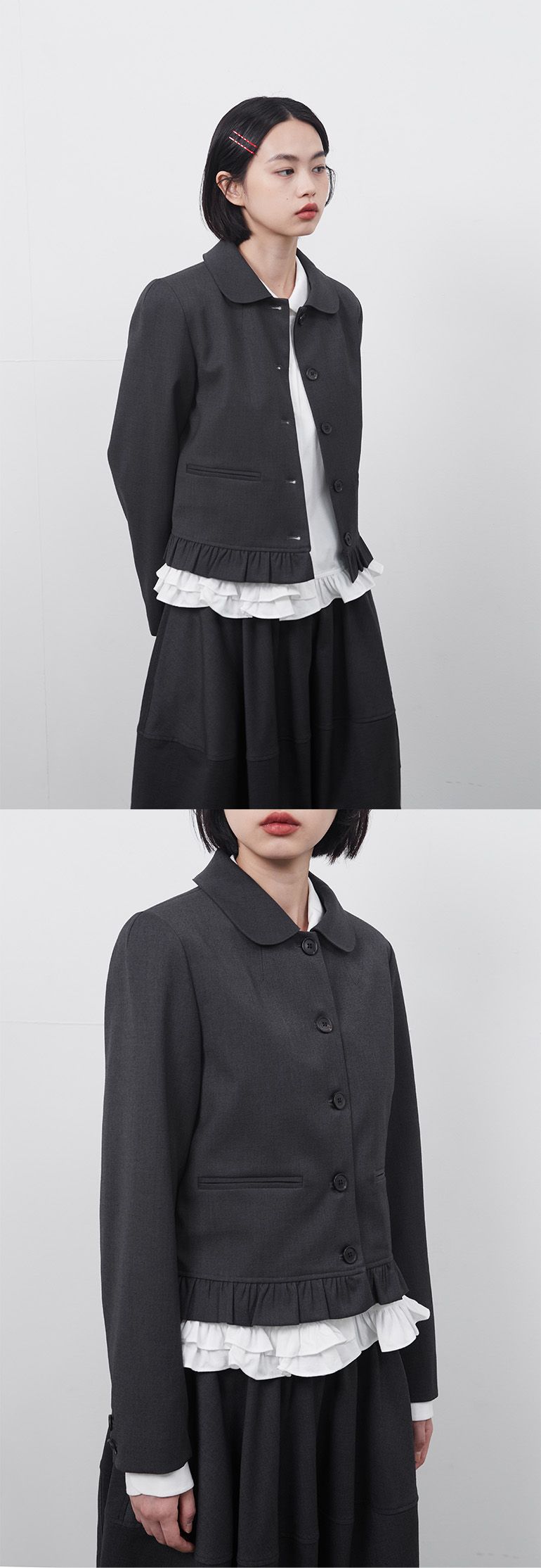 MUSINSA公式 | OHESHIO ROUND FRILL JACKET, CHARCOAL