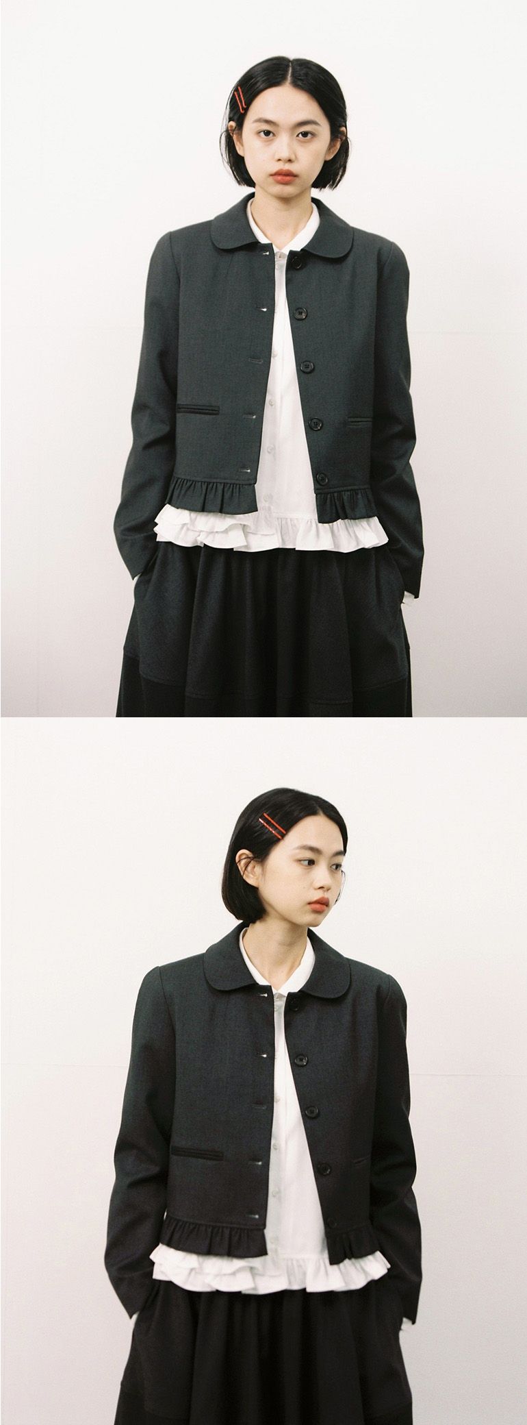MUSINSA公式 | OHESHIO ROUND FRILL JACKET, CHARCOAL