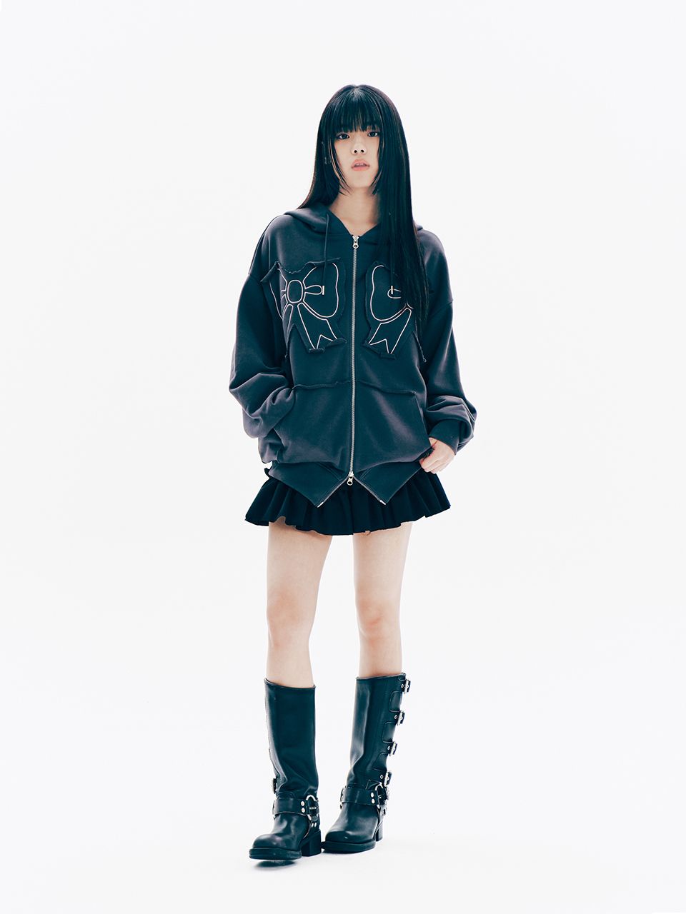 MUSINSA公式 | YOUHEE YOUHEE RIBBON HOOD ZIP-UP CHARCOAL