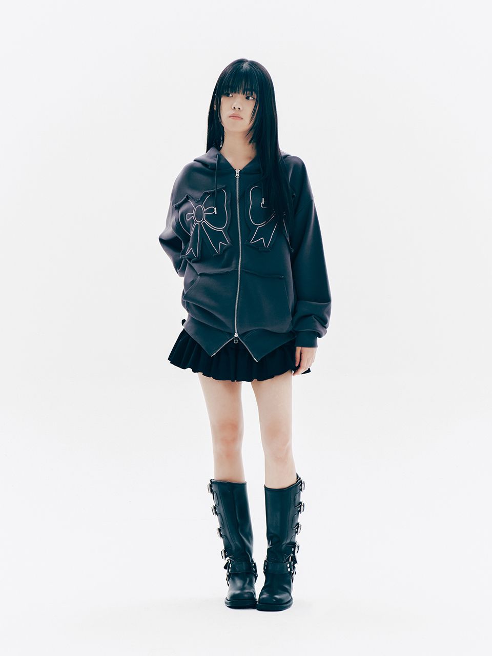 MUSINSA | YOUHEE YOUHEE RIBBON HOOD ZIP-UP CHARCOAL