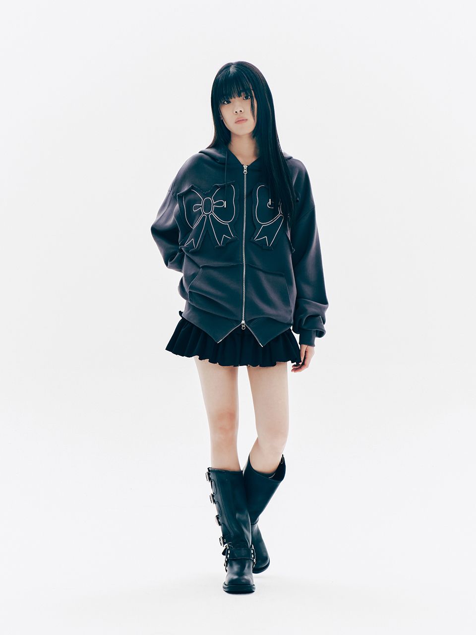 MUSINSA公式 | YOUHEE YOUHEE RIBBON HOOD ZIP-UP CHARCOAL