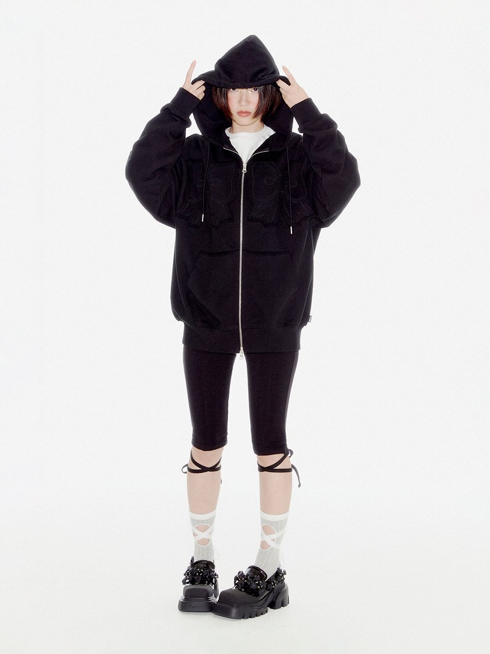 MUSINSA公式 | YOUHEE YOUHEE RIBBON HOOD ZIP-UP CHARCOAL