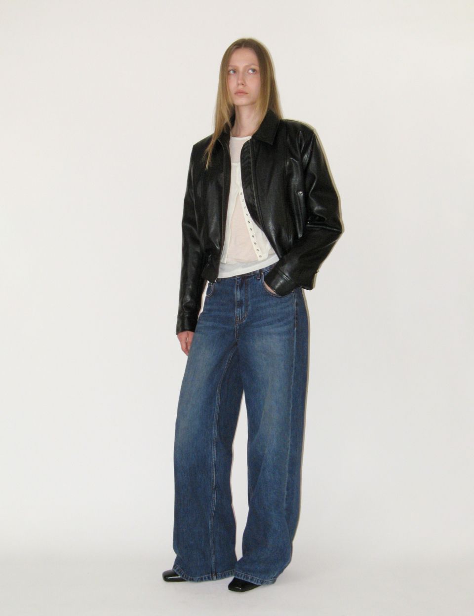 MUSINSA公式 | SUNBURNPROJECT Faux Leather Frill Jumper, BLACK