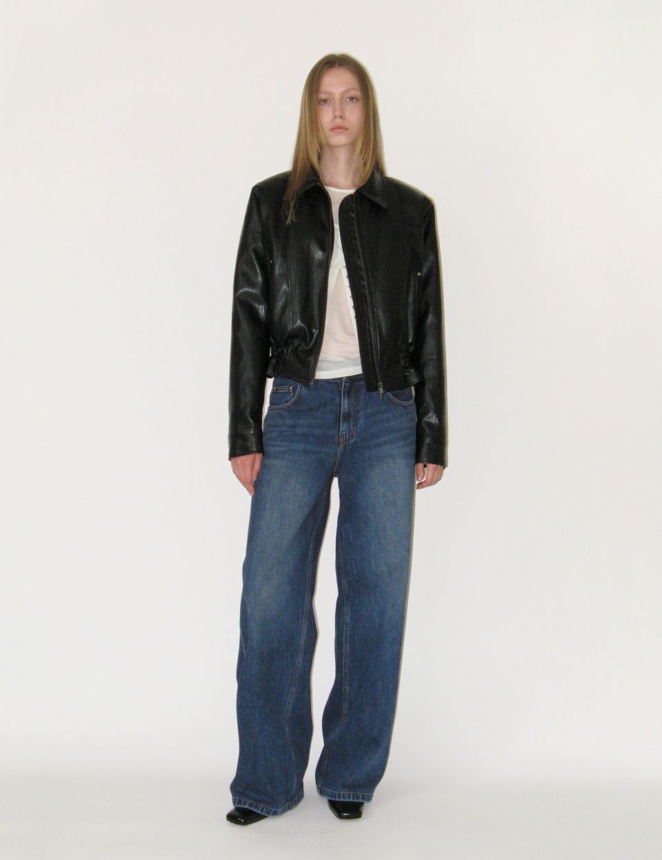 MUSINSA公式 | SUNBURNPROJECT Faux Leather Frill Jumper, BLACK