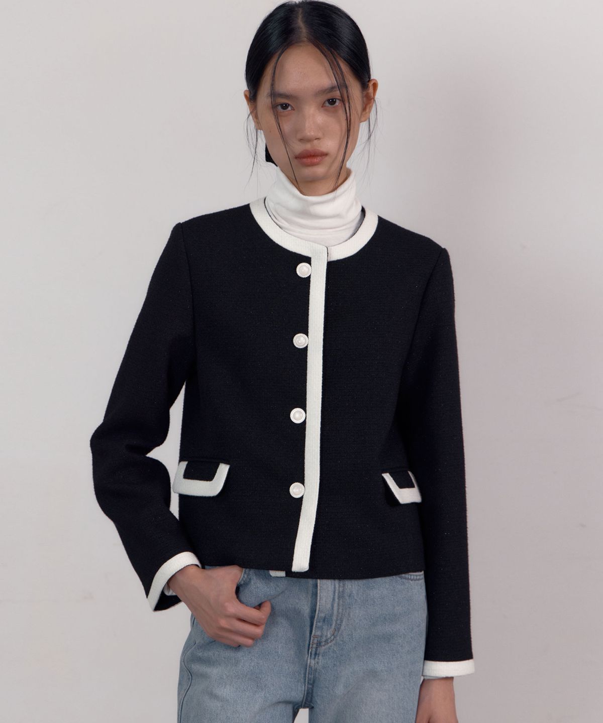 38컴온커먼(38COMEONCOMMON) Trimming Tweed Jacket (Shine Black)