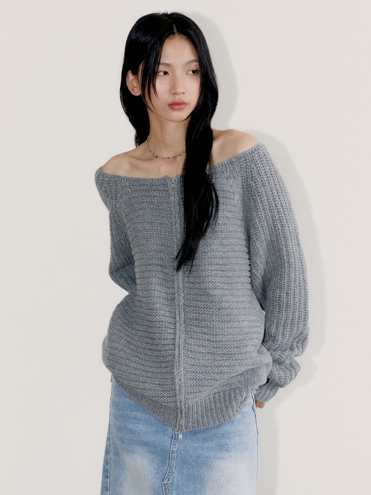 오피쉬(OAFISH) OFF SHOULDER KNIT ZIP-UP, GRAY