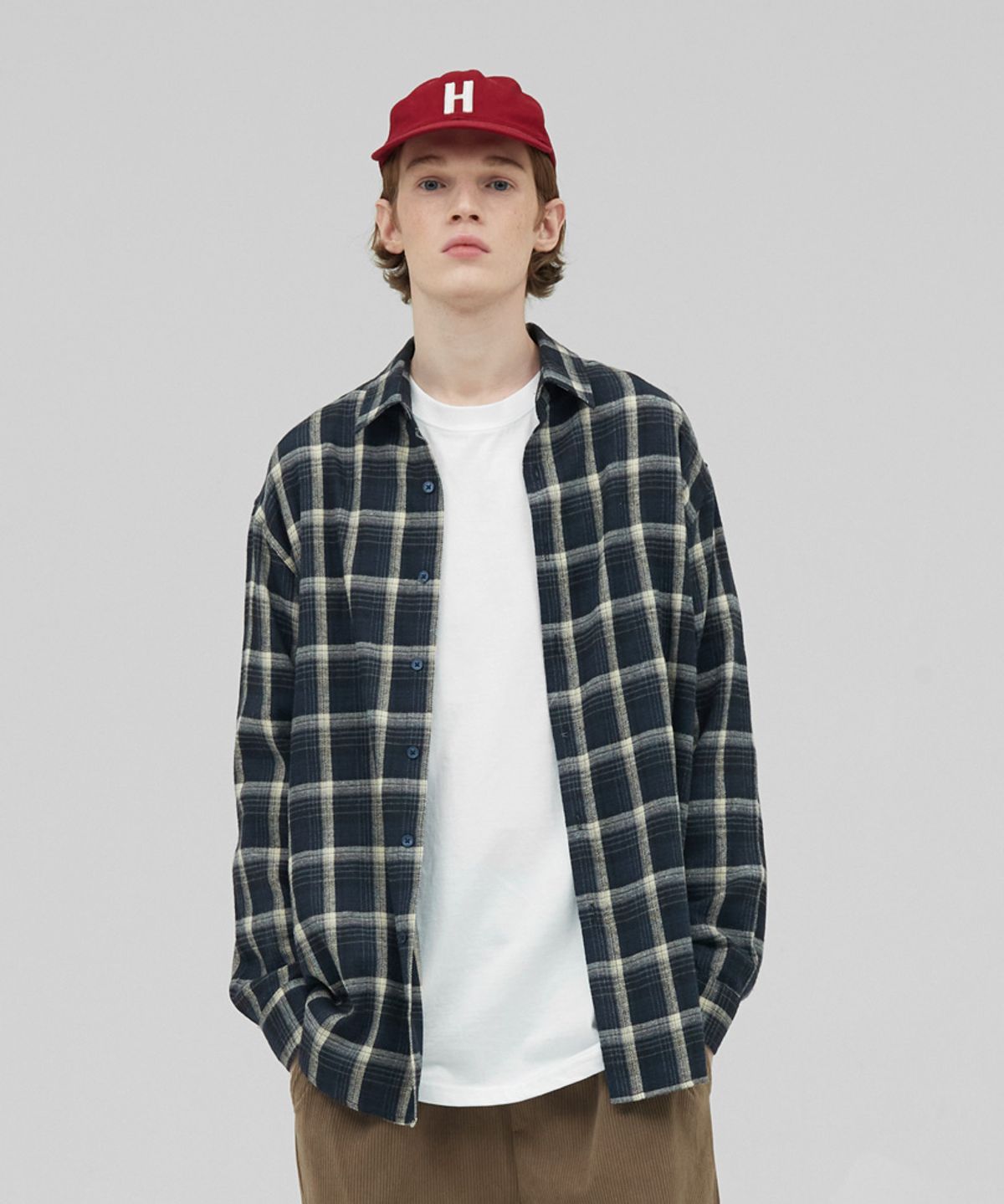 스탠즈(STENDS) [M~4XL] 올데이 베이직 체크 셔츠_ST-07 (네이비)